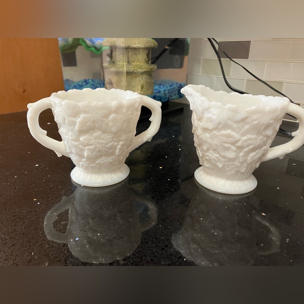 Westmoreland Milk Glass Creamer and Sugar Set in Maple leaf design